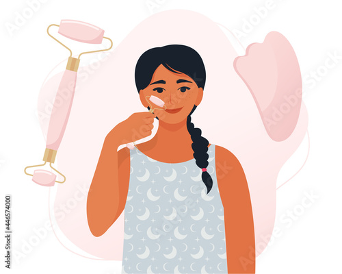 Woman making massage from applying quartz or jade gua sha natural stone massager. Facial massage by face roller and gua sha scraper. Beauty procedure concept. Vector illustration in flat style
