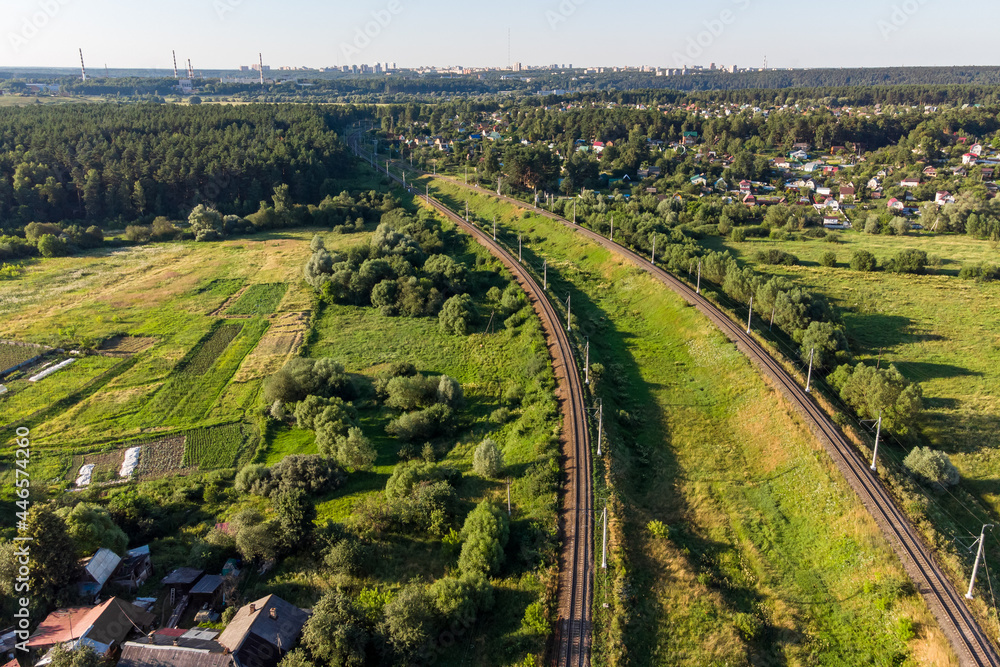 Aerial view of the turning railroad tracks Aerial view of the turning railroad tracks