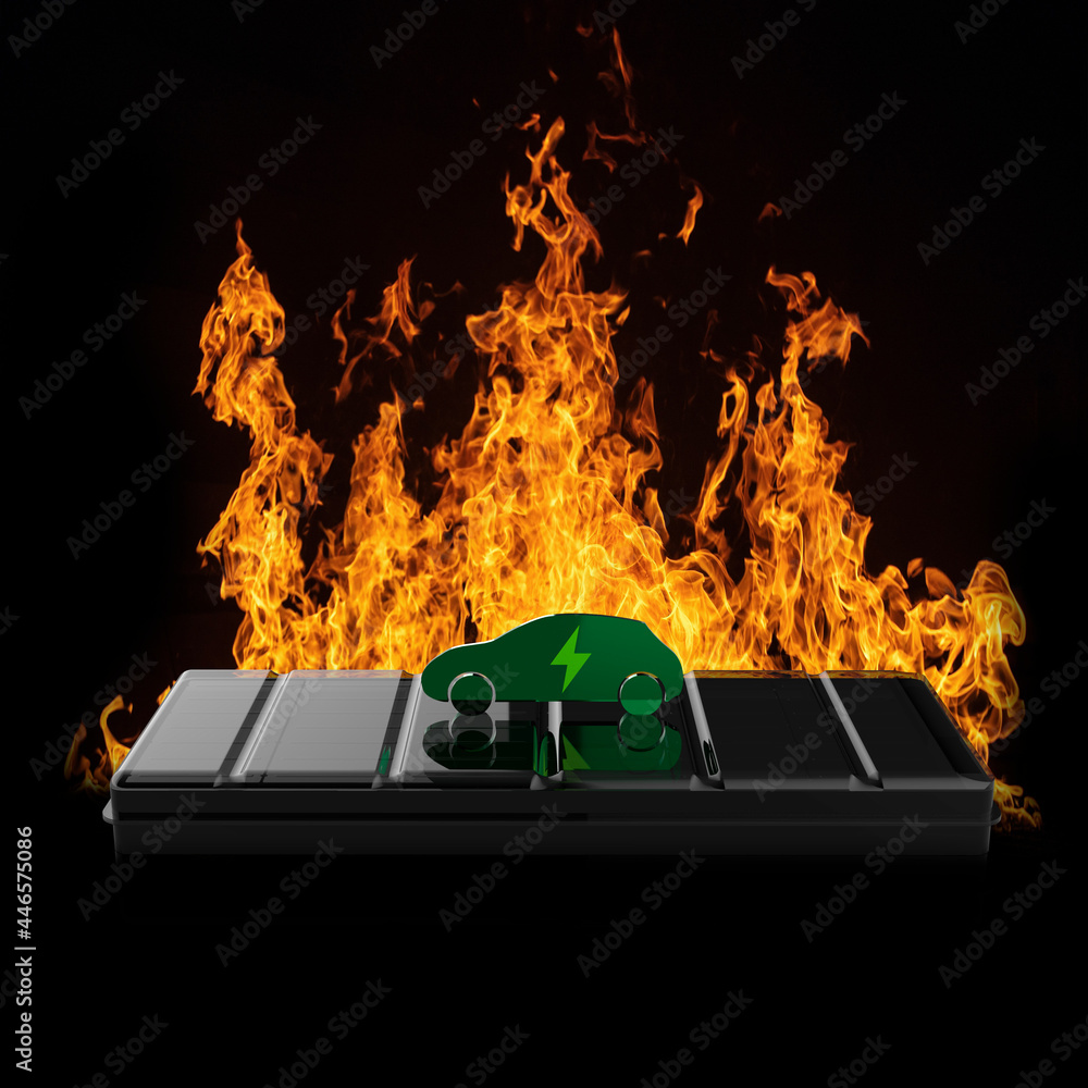 Naklejka EV battery on fire and burning, electric vehicle lithium ion