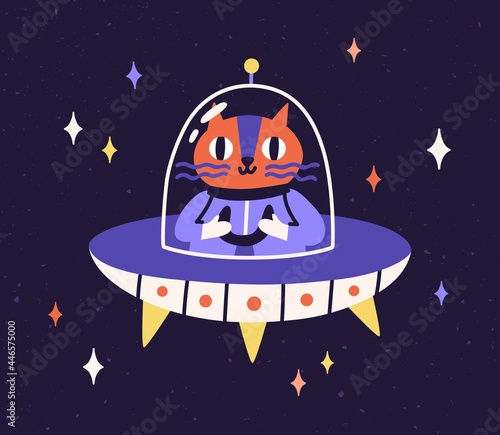 Cute cat astronaut traveling in outer space in intergalactic spaceship. Animal cosmonaut in flying saucer. Childish UFO adventure in cosmos. Flat vector illustration of funny feline in universe