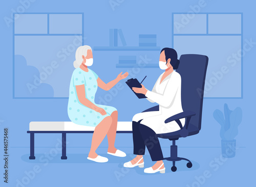 Medical consultation flat color vector illustration. Psychotherapy for older adults. Elderly patient visiting geriatric counselor 2D cartoon characters with consulting room on background