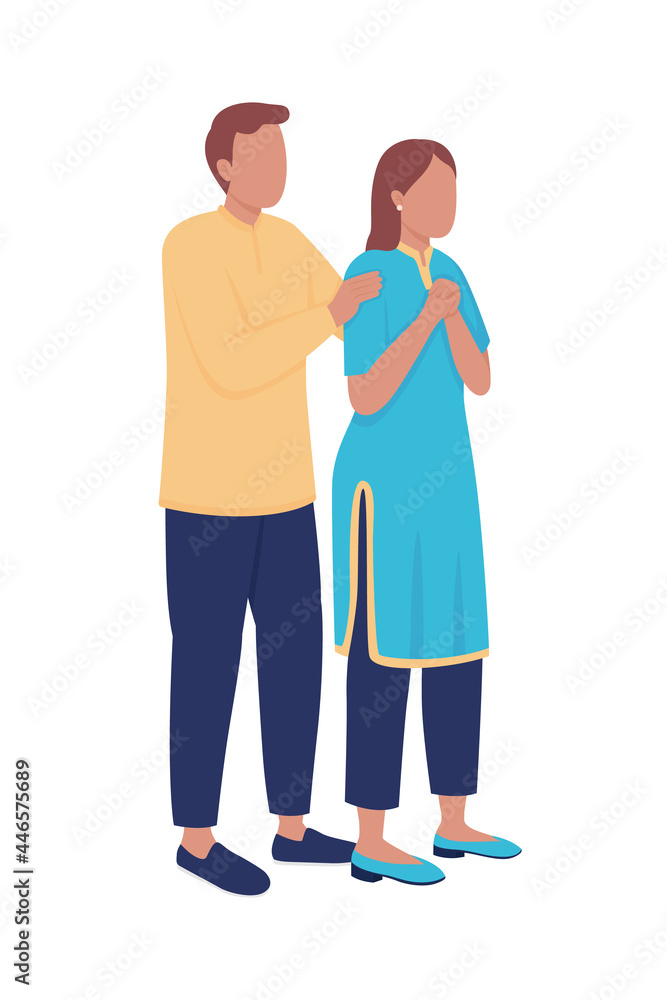 Disturbed husband and wife semi flat color vector characters. Standing figures. Full body people on white. Sideways hug isolated modern cartoon style illustration for graphic design and animation
