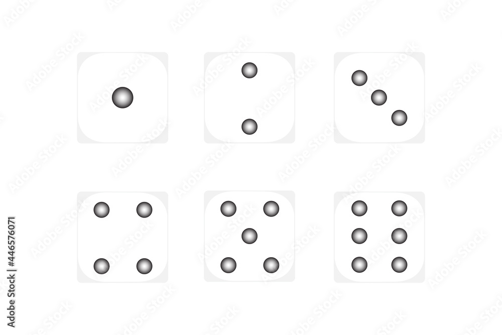 Six white dice with black dots on white background Six white dice with black dots on white background