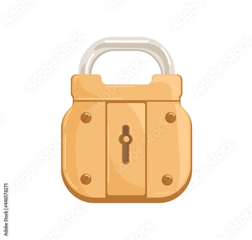 Locked hanging bronze padlock with closed shackle and keyhole. Glossy gold-colored brass mechanism for safe access. Realistic secure lock with key hole. Flat vector illustration isolated on white