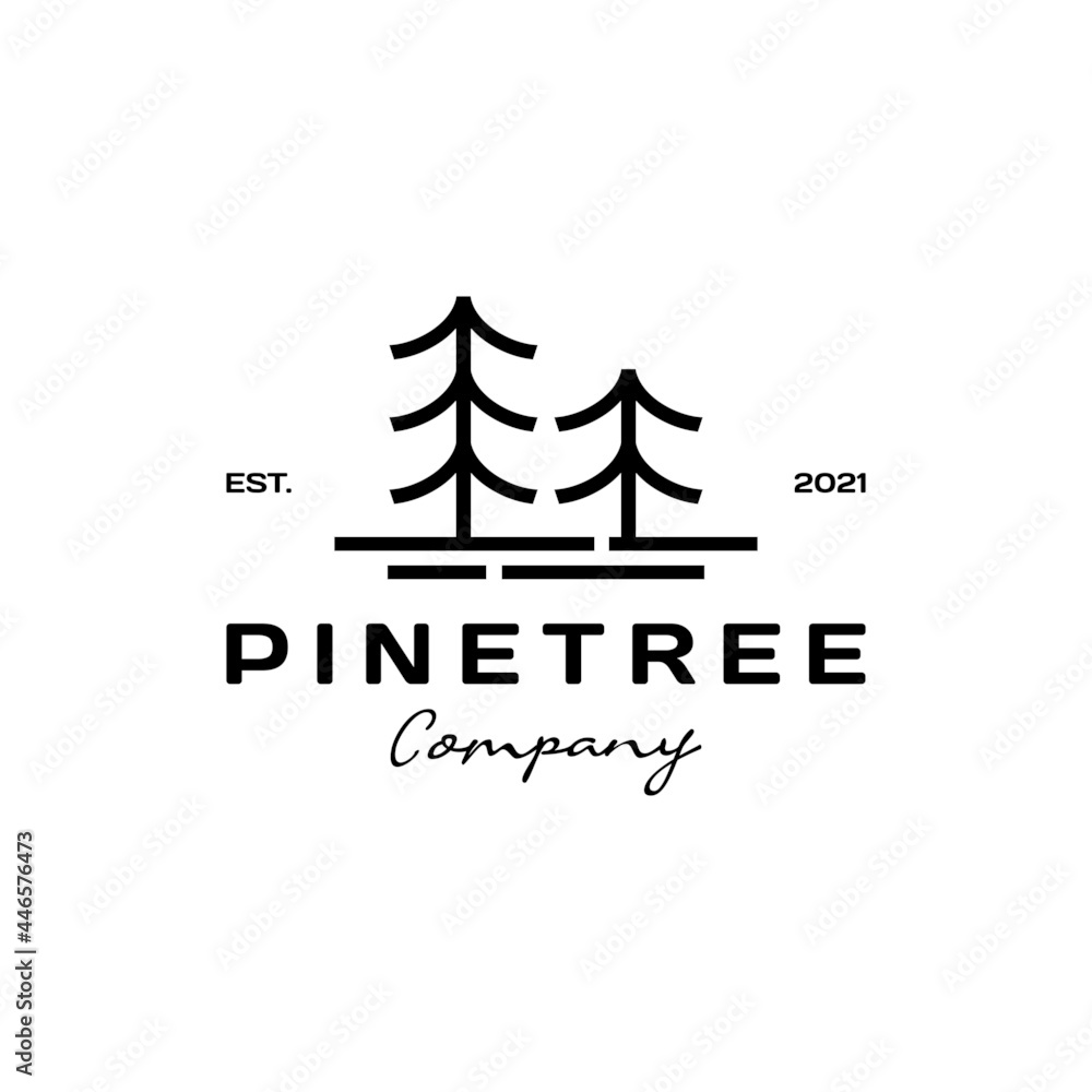 Pine tree line art logo design template. Pine evergreen fir hemlock spruce conifer cedar coniferous cypress larch pinus tree forest vintage retro hipster line art Logo design. Pine tree line art logo design template. Pine evergreen fir hemlock spruce conifer cedar coniferous cypress larch pinus tree forest vintage retro hipster line art Logo design.