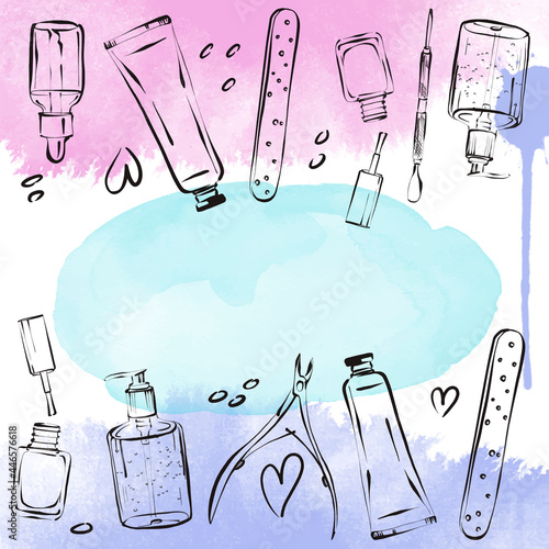A set of tools for manicure-tweezers, nail file, nail polish, cuticle oil, hand cream, hand sanitizer for watercolor stains with a copy of the space.
