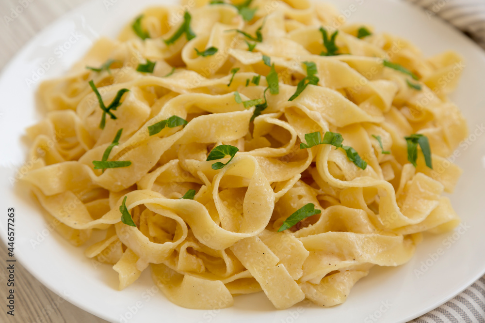 Homemade One Pot Garlic Parmesan Pasta with Parsley, side view. Close-up. Homemade One Pot Garlic Parmesan Pasta with Parsley, side view. Close-up.
