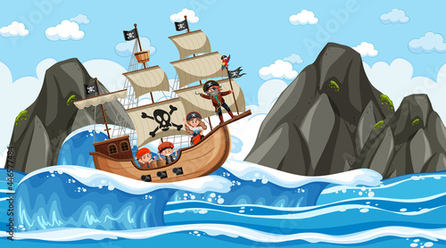 Beach with Pirate ship at daytime scene in cartoon style