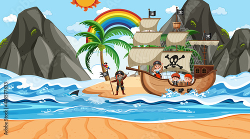 Beach with Pirate ship at daytime scene in cartoon style