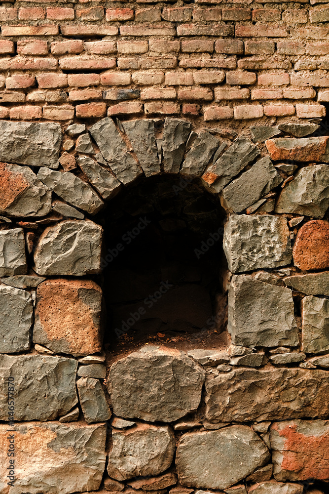 View from the ancient stone window, Medieval stone arch, Medieval arch in stone wall