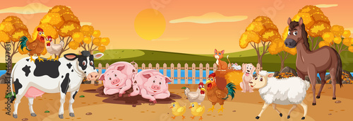 Panorama landscape scene with various farm animals in the farm