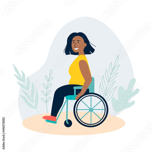World disability day. An african fat woman sitting in a wheelchair. The concept of employment for people with special needs. Vector illustration for web, infographics, mobile. Love your body, pregnant