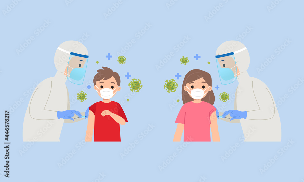 Children getting corona virus vaccination shot. Flat vector cartoon design Children getting corona virus vaccination shot. Flat vector cartoon design
