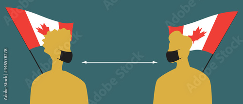 Canadian flag, people in face masks, silhouette vector stock illustration with medical masks for covid and social distance in Canada