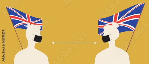 Briatne flag, people in face masks, silhouette vector stock illustration with medical masks for covid and social distance in Britain
