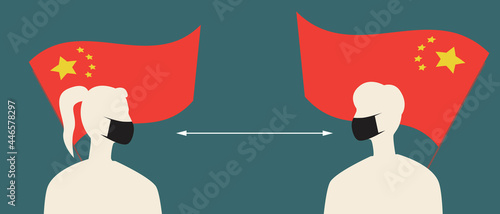 Chinese flag, people in face masks, silhouette vector stock illustration with medical masks for covid and social distance in China