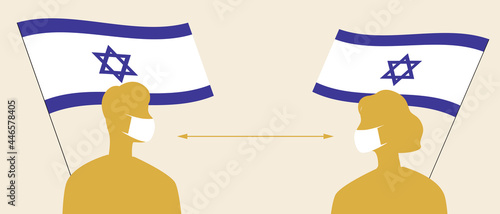 Israeli flag, people in face masks, silhouette vector stock illustration with medical masks for covid and social distance in Israel