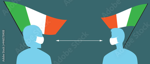 Italian flag, people in face masks, silhouette vector stock illustration with medical masks for covid and social distance in Italy