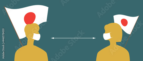 Japanese flag, people in face masks, silhouette vector stock illustration with medical masks for covid and social distance in Japan