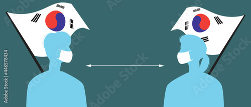Korean flag, people in face masks, silhouette vector stock illustration with medical masks for covid and social distance in South Korea