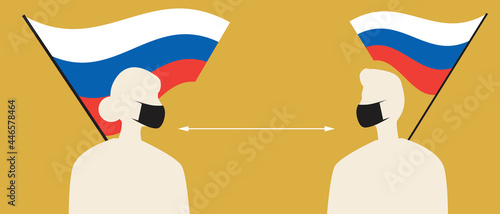 Russian flag, people in face masks, silhouette vector stock illustration with medical masks for covid and social distance in Russia