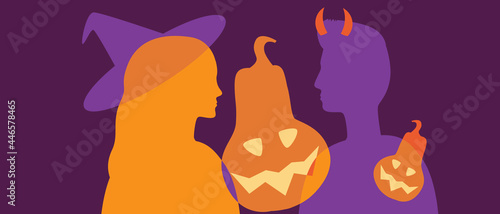 Silhouette of a couple on a halloween, silhouette branch stock illustration with halloween pumpkin face isolated