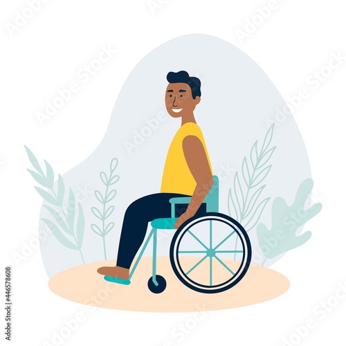 World disability day. An african fat woman sitting in a wheelchair. The concept of employment for people with special needs. Vector illustration for web, infographics, mobile. Love your body plus size