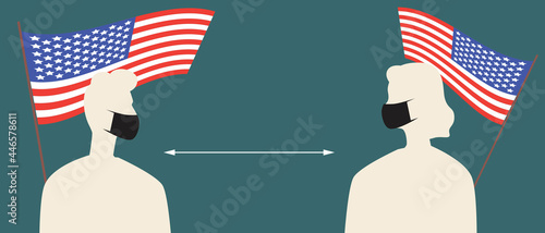 USA flag, people in face masks, silhouette vector stock illustration with medical masks for covid and social distance in USA