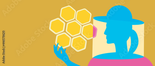 Woman beekeeper with honeycomb, copy space template, silhouette vector illustration with profession beekeeper