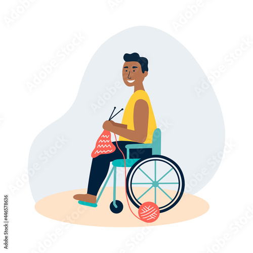 An african man knits in a wheelchair. The concept of employment for people with special needs, Hobby time, crocheting. Employment, social adaptation concept Vector cartoon illustration World Knit day