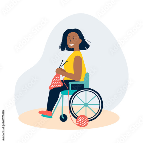 An african woman knits in a wheelchair. The concept of employment for people with special needs, Hobby time crocheting. Employment, social adaptation concept Vector cartoon illustration World Knit day