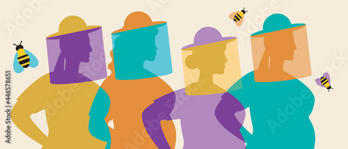 Women for bees working in beekeeping, silhouette vector stock illustration with eco-friendly honey production