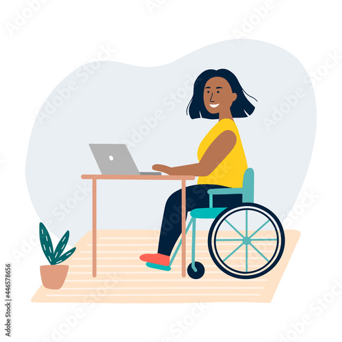 Disabled woman sitting in a wheelchair. The concept of employment for people with special needs Black businesswoman is working at laptop. Employment, social adaptation concept Flat vector illustration