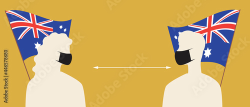 Australian flag, people in face masks, silhouette vector stock illustration with medical covid masks and social distance in Australia