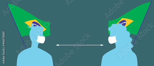 Brazilian flag, people in face masks, silhouette vector stock illustration with medical masks for covid and social distance in Brazil