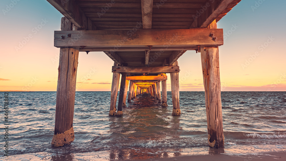 Marion Bay jetty viewed from underneath at sunset, Yorke Peninsula, South Australia Marion Bay jetty viewed from underneath at sunset, Yorke Peninsula, South Australia