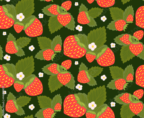 Seamless pattern with juicy strawberries, foliage and small white flowers. Summer texture with hand drawn berries. Natural wallpaper with fruits and leaves on a green background.