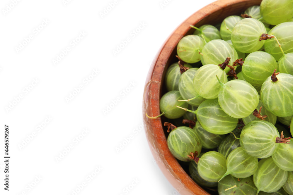 Bowl with fresh ripe gooseberry on white background Bowl with fresh ripe gooseberry on white background