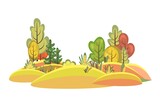 Flat autumn forest. Beautiful landscape with trees. Illustration in a simple symbolic style. A funny scene. Comic cartoon design. Country wild plants. Visolated ector
