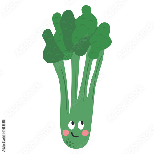 Funny cartoon celery character with face expression. Healthy food doodle vegetable vector illustration. Harvest object in flat style showing emotions