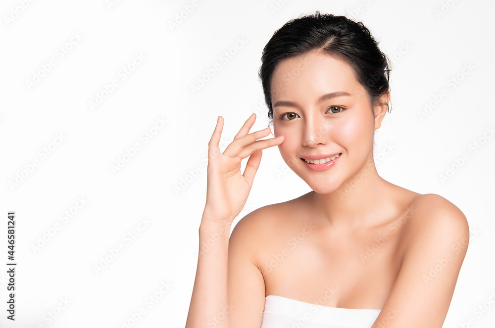 Beautiful young asian woman with clean fresh skin on white background, Face care, Facial treatment, Cosmetology, beauty and spa, Asian women portrait.