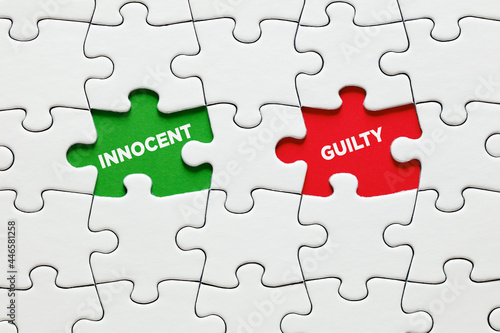 Legal or judgmental verdict, decision or dilemma between innocence or guilt.