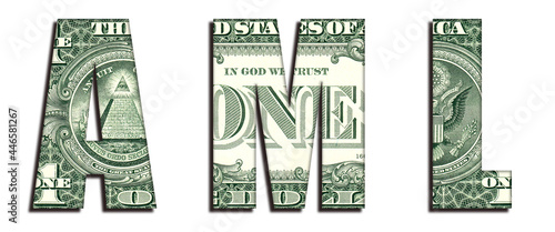 Fotografie AML Anti-money laundering Concept Word 1 US Dollar Banknote Money Texture on Whi