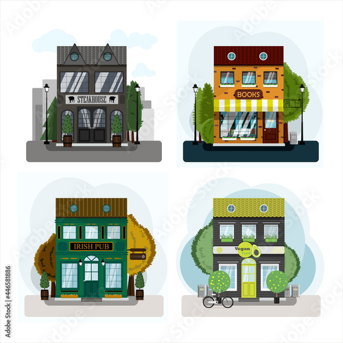 Irish pub exterior vector illustration. Flat design of facade. Beer house building concept. Emerald two-story restaurant in the European style. Illustration of a city street.