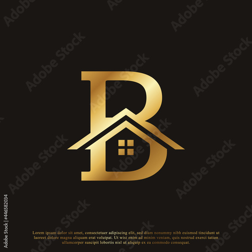 Initial Letter B Home House Golden Logo Design. Real Estate Logo Concept. Vector Illustration
