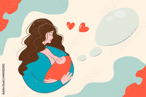 Illustration for World Breastfeeding Week. A young woman is breastfeeding her newborn baby with tender care. Love, protection and motherhood concept. Vector. flat style. Banner business card postcard