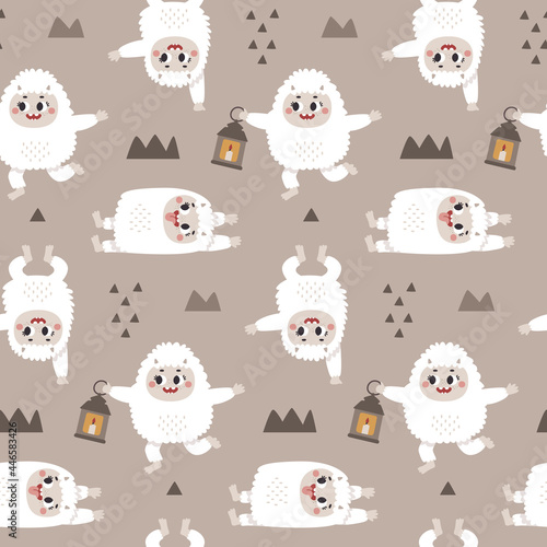 Christmas winter vector cute seamless pattern with Yeti characters, Bigfoot, stones, a warming candle, lantern in scandinavian trendy Boho style