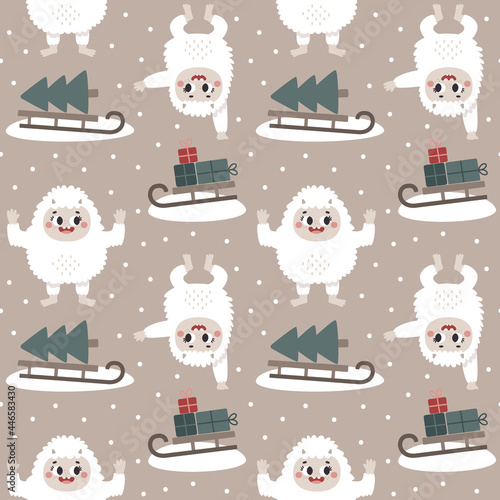 Christmas wild winter vector cute seamless pattern with Yeti characters, Bigfoot, stones, sleigh, christmas tree, gifts in scandinavian Boho style