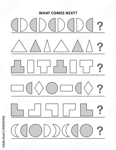 What comes next  Circle or draw the shape to continue the row. Sequential patterns recognition activity worksheet with basic shapes.  