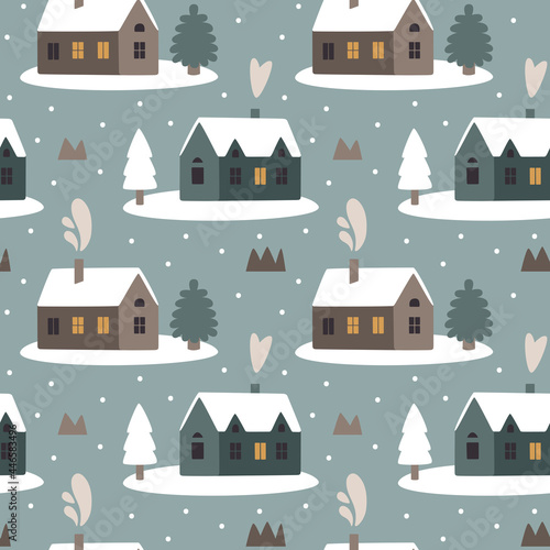 Cute Christmas winter houses vector seamless pattern with Christmas houses and smoke from the chimney, Christmas trees, stones, bushes, snow in trendy scandinavian Boho style